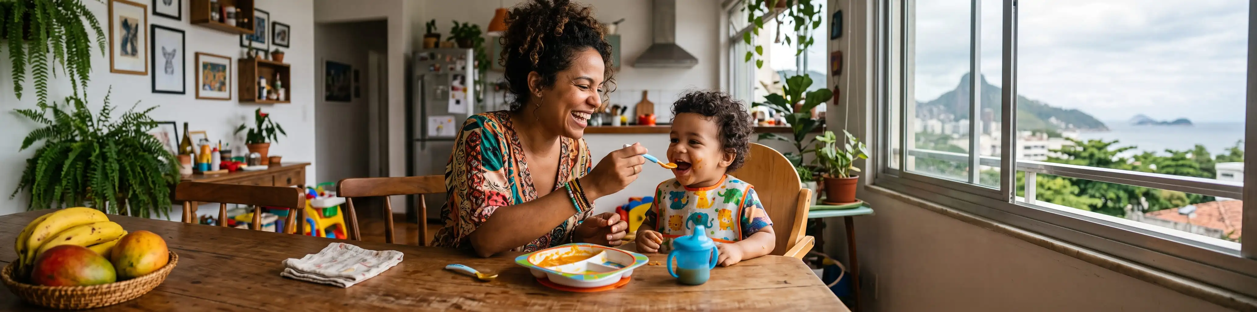 Mãe preparando refeição com o bebê